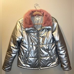 Abound Shiny Silver Puffer Jackey with Pink Fuzzy Collar  Holographic look
